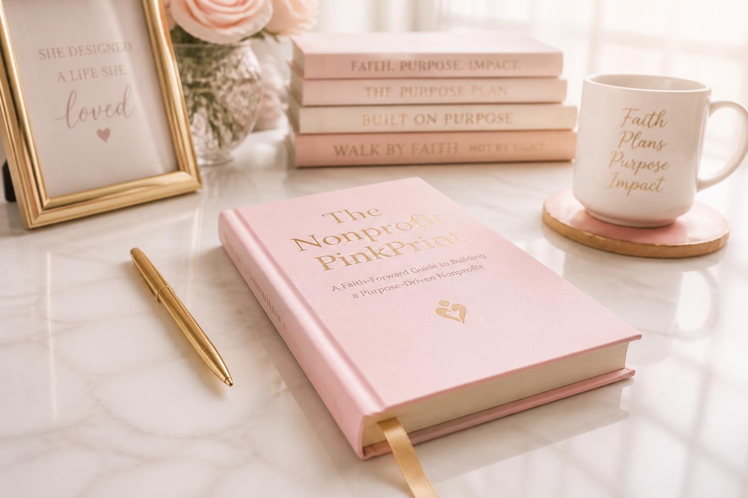 The Nonprofit PinkPrint workbook on a marble desk
